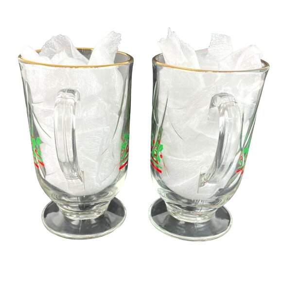 Vintage Libbey Glassware Set of 2 Glass Christmas Mugs With Holly Decor-Gold Rim - Picture 4 of 11